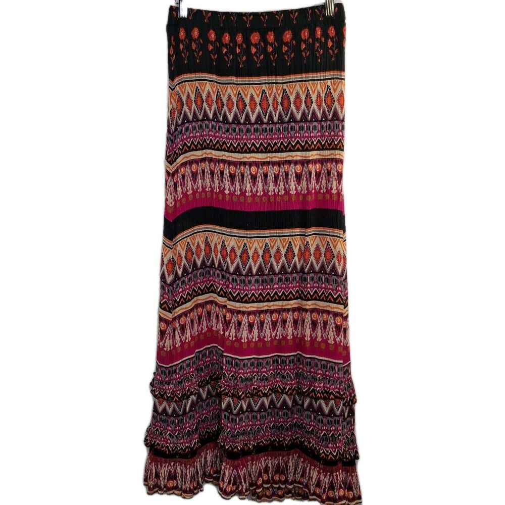 Boho Festival Maxi Skirt Size S Tribal Print Tiered Ruffle Hem Hippie Gypsy Cott - Picture 2 of 13